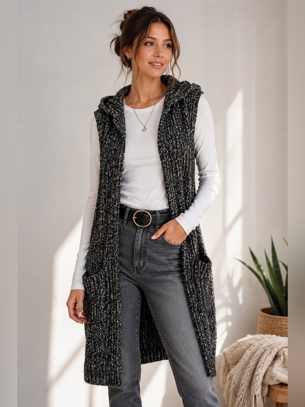 NWT R Fashion Black and Metallic Sparkle Silver Hooded Long Vest - Size S/M